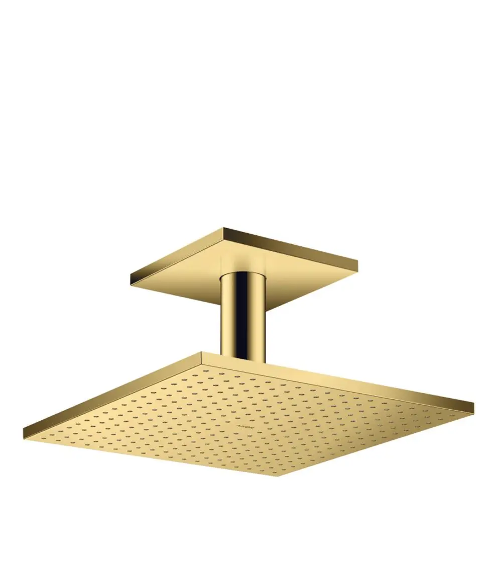 Kopfbrause mit quadratischem Design und Deckenanschluss in Polished Gold Optic, hergestellt von AXOR. Die Oberflächenstruktur zeigt feine Wasseröffnungen.